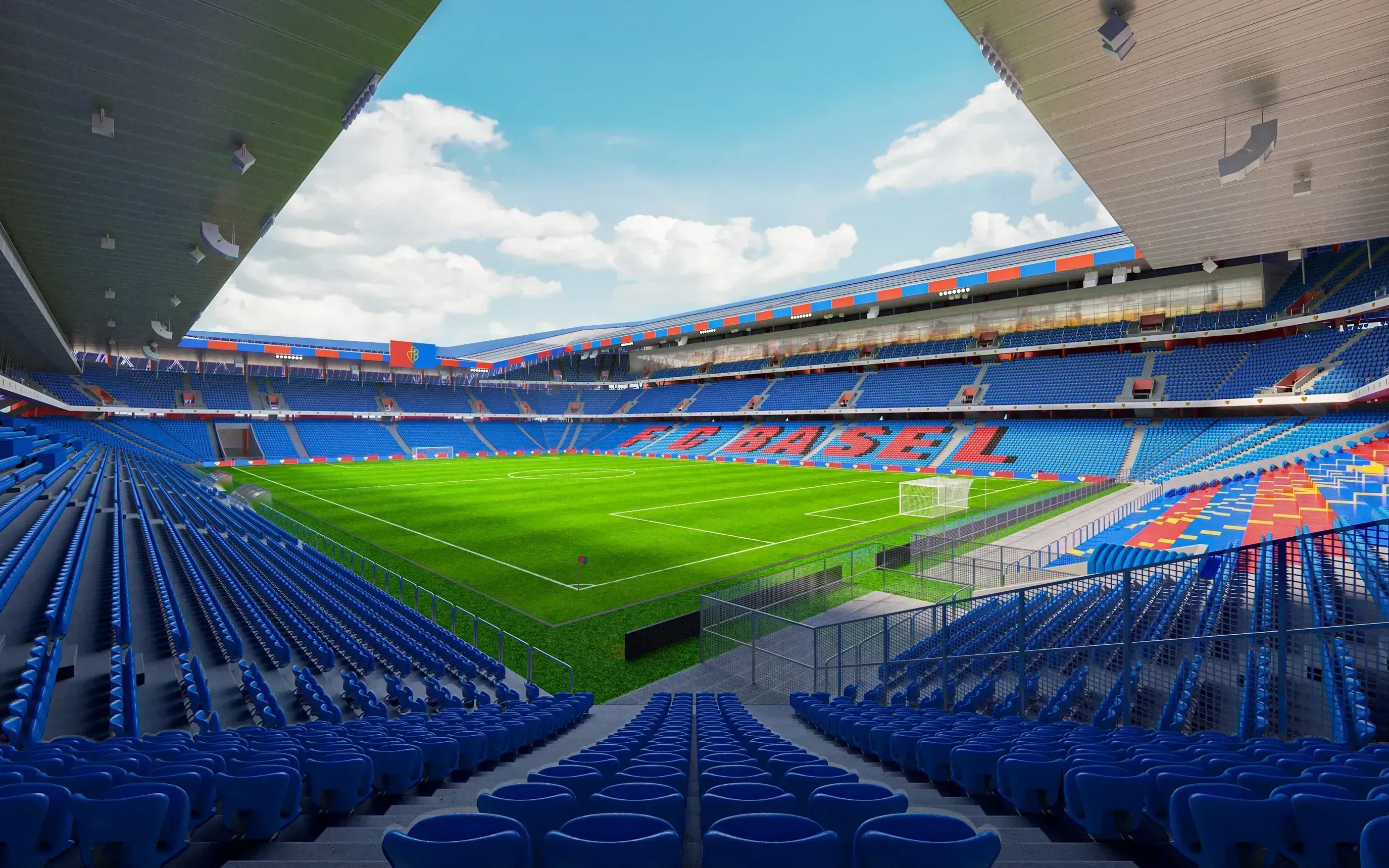 parque st jakob em basileia, suíça - um enorme estádio de futebol, maioritariamente azul e vermelho